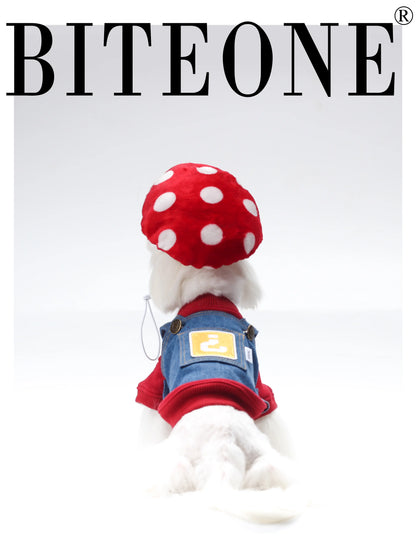 BITEONE: Gaming Fun - 320g Cotton Hoodie, Denim Overall, Mushroom Hat for Pets